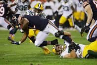 David Montgomery #32 of the Chicago Bears is tackled by Blake Martinez #50 of the Green Bay Packers during the first quarter in the game at Soldier Field on September 05, 2019 in Chicago, Illinois. (Photo by Jonathan Daniel/Getty Images)
