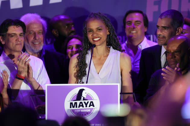 Maya Wiley addresses supporters at an evening gathering on Tuesday. The progressive favorite outperformed expectations and has a path to victory thanks to ranked-choice voting. (Photo: Dia Dipasupil/Getty Images)