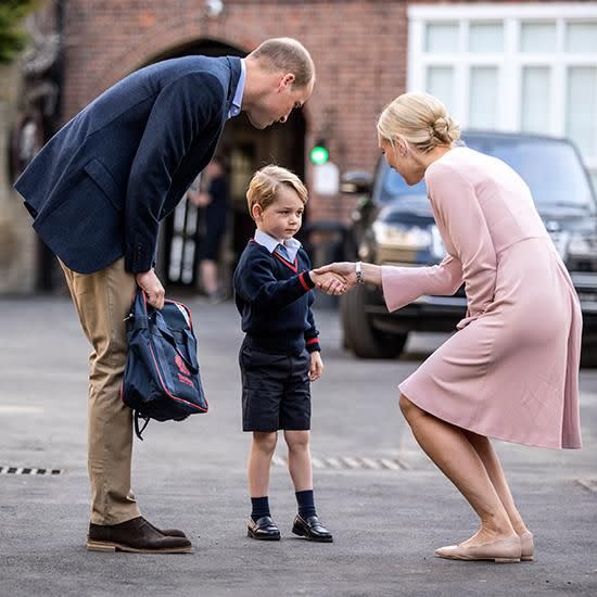 Prince George started his first day at St Thomas's Battersea School in London yesterday. Photo: Getty Images