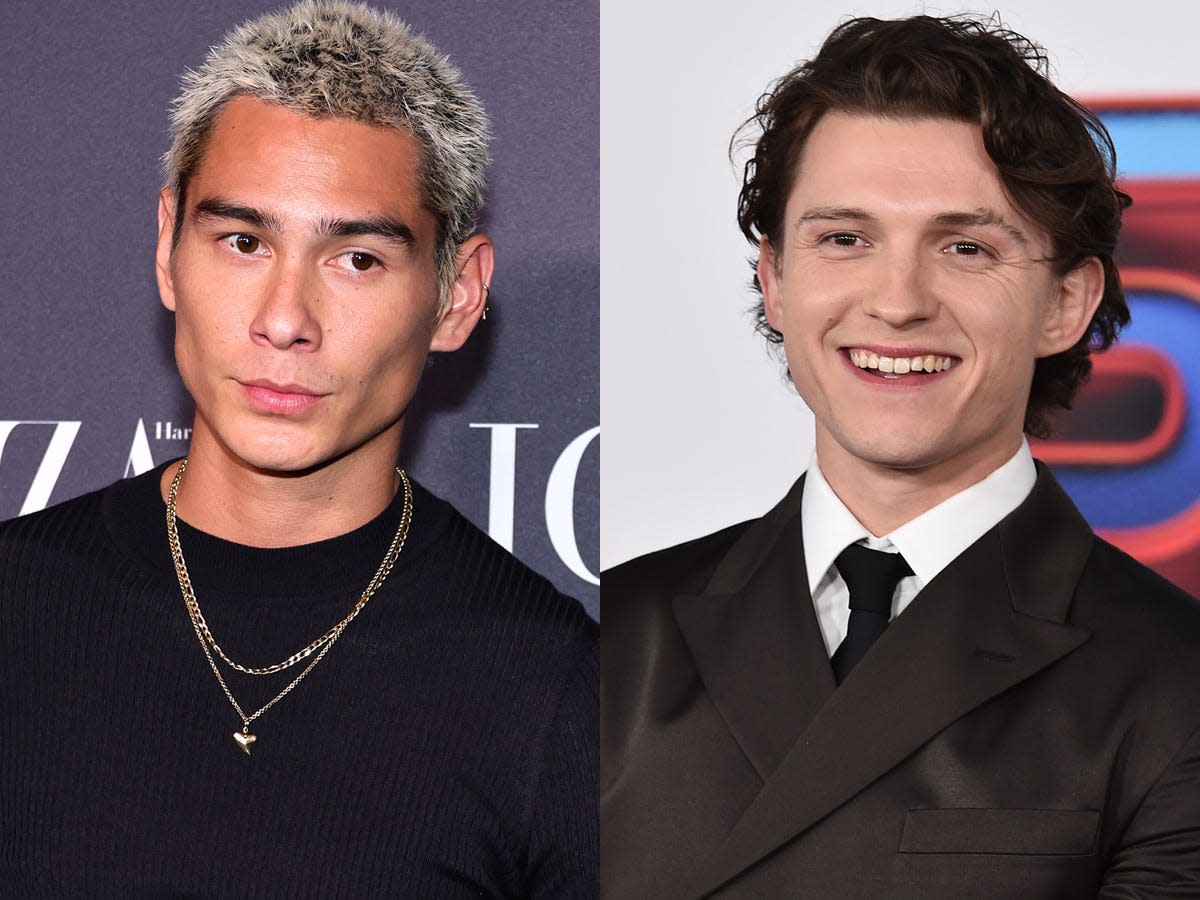 On the left: Evan Mock in September 2022. On the right: Tom Holland in December 2021.