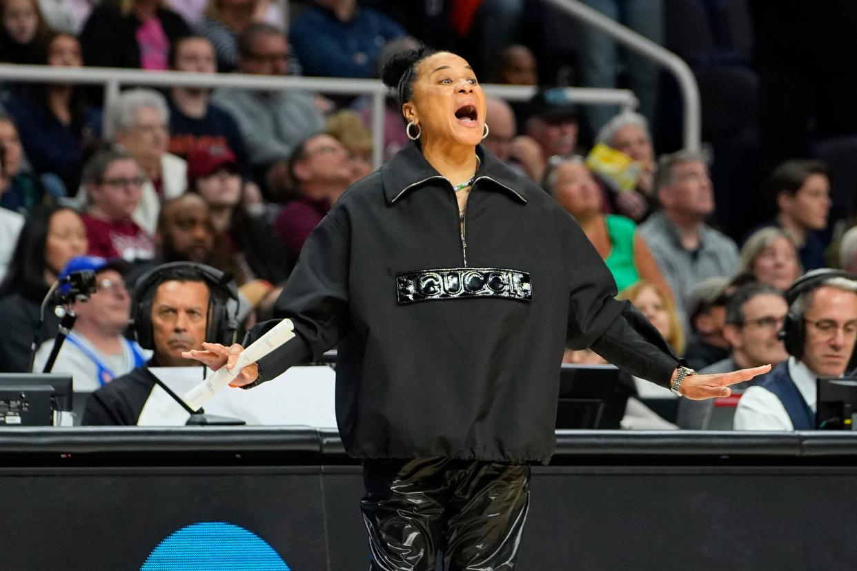 South Carolina coach Dawn Staley yells to her players on the court against Oregon State in the finals of the Albany Regional of the 2024 NCAA Tournament on Sunday.