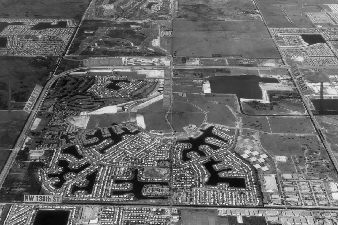 Miami Lakes, taken from overhead in 1972, looking north with Northwest 138th Street in the foreground