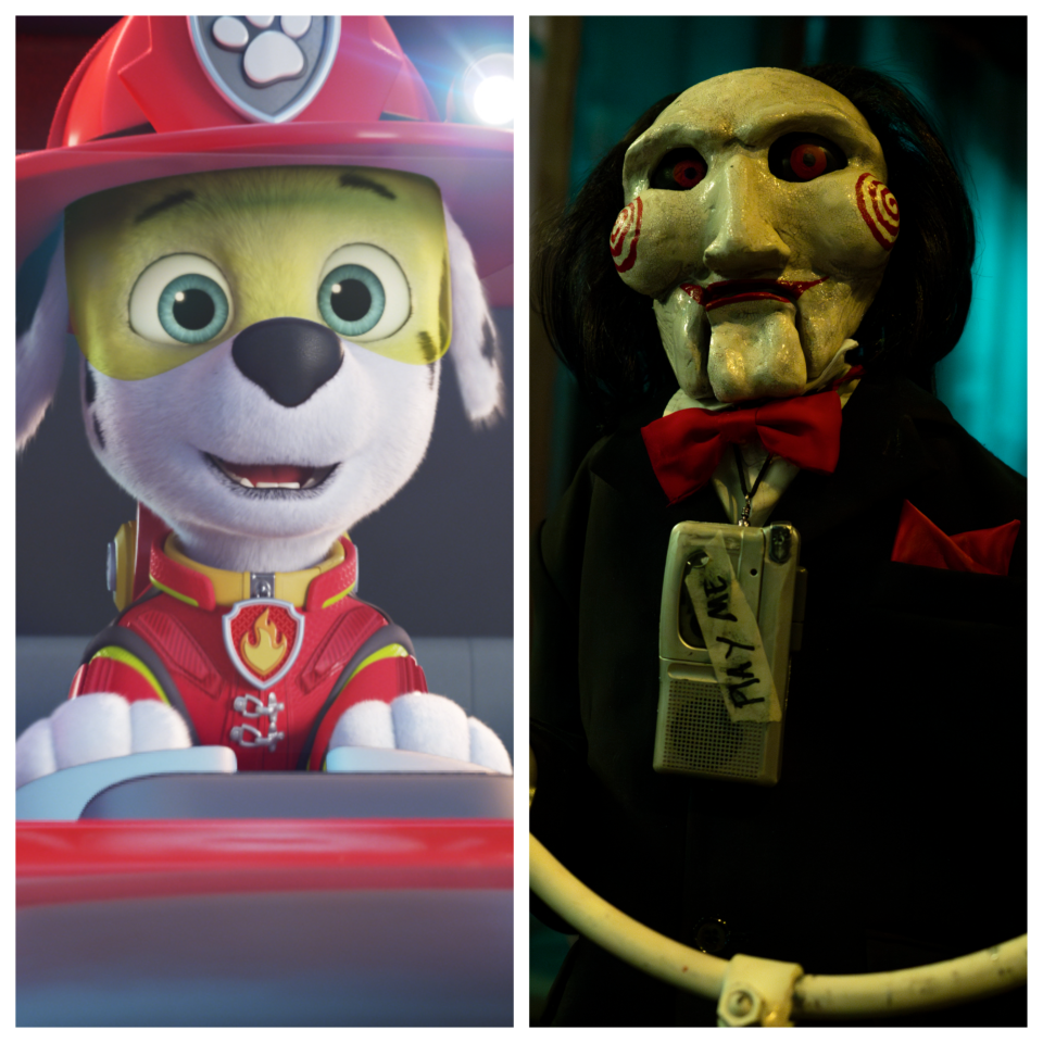 Catch a double feature of "Paw Patrol: The Mighty Movie" and "Saw X" to see both Marshall the fire dog and Billy the puppet.