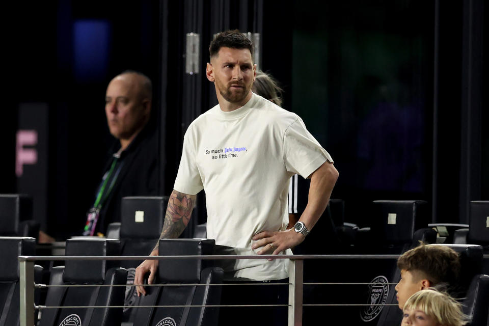 FORT LAUDERDALE, FLORIDA - APRIL 03: Lionel Messi #10 of Inter Miami looks on from the sidelines during the first half in the game against Monterrey in the quarterfinals of the Concacaf Champions Cup - Leg One at Chase Stadium on April 03, 2024 in Fort Lauderdale, Florida. (Photo by Megan Briggs/Getty Images)