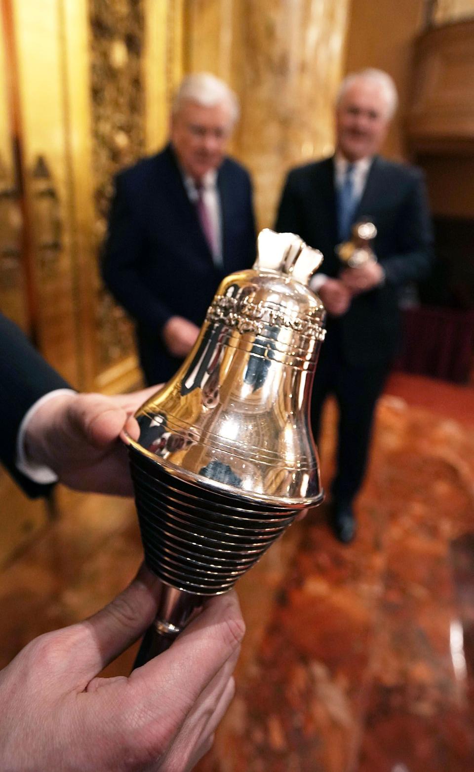 Rabbi Meir Y. Soloveichik holds a Liberty Bell Torah adornment as he leads a tour for President M. Russell Ballard, acting president of the Quorum of the Twelve Apostles, and Elder Jack N. Gerard, General Authority Seventy, of The Church of Jesus Christ of Latter-day Saints, at the Spanish and Portuguese Synagogue of the Congregation Shearith Israel in New York City on Friday, Nov. 15, 2019. | Ravell Call, Deseret News