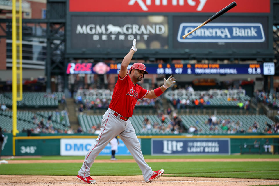 DETROIT, MICHIGAN - MAY 09: Albert Pujols #5 of the Los Angeles Angels reacts to his third inning solo home run to reach 2000 career RBI's while playing the Detroit Tigers at Comerica Park on May 09, 2019 in Detroit, Michigan. (Photo by Gregory Shamus/Getty Images)