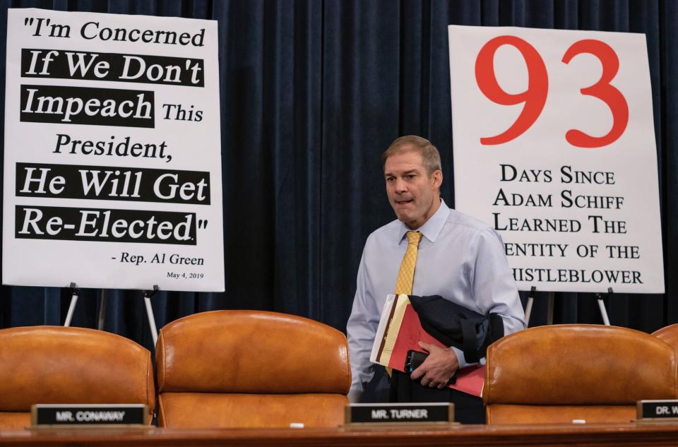 Rep. Jim Jordan, R-Ohio, an ally of President Donald Trump who was recently appointed to the House Intelligence Committee, takes his seat as top U.S. diplomat in Ukraine William Taylor and career Foreign Service officer George Kent testify before the House Intelligence Committee