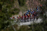The pack rides during the second stage of the Tour de France cycling race over 186 kilometers (115,6 miles) with start and finish in Nice, southern France, Sunday, Aug. 30, 2020. (AP Photo/Thibault Camus)