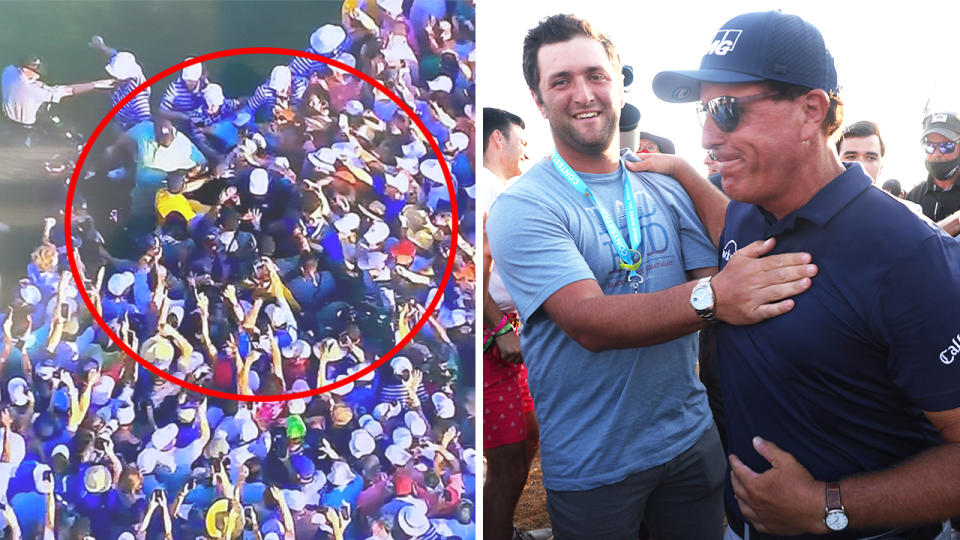 Phil Mickelson (pictured right) congratulated by golfer Jon Rahm and (pictured left) swamped by fans  US PGA Championship title (pictured left) were described as wild as the golfer was swamped by fans after the US PGA Championship win (pictured left).