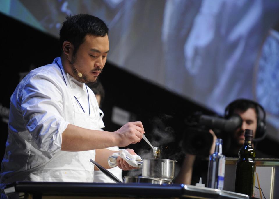 David Chang presents a recipe during the gastronomic fair 