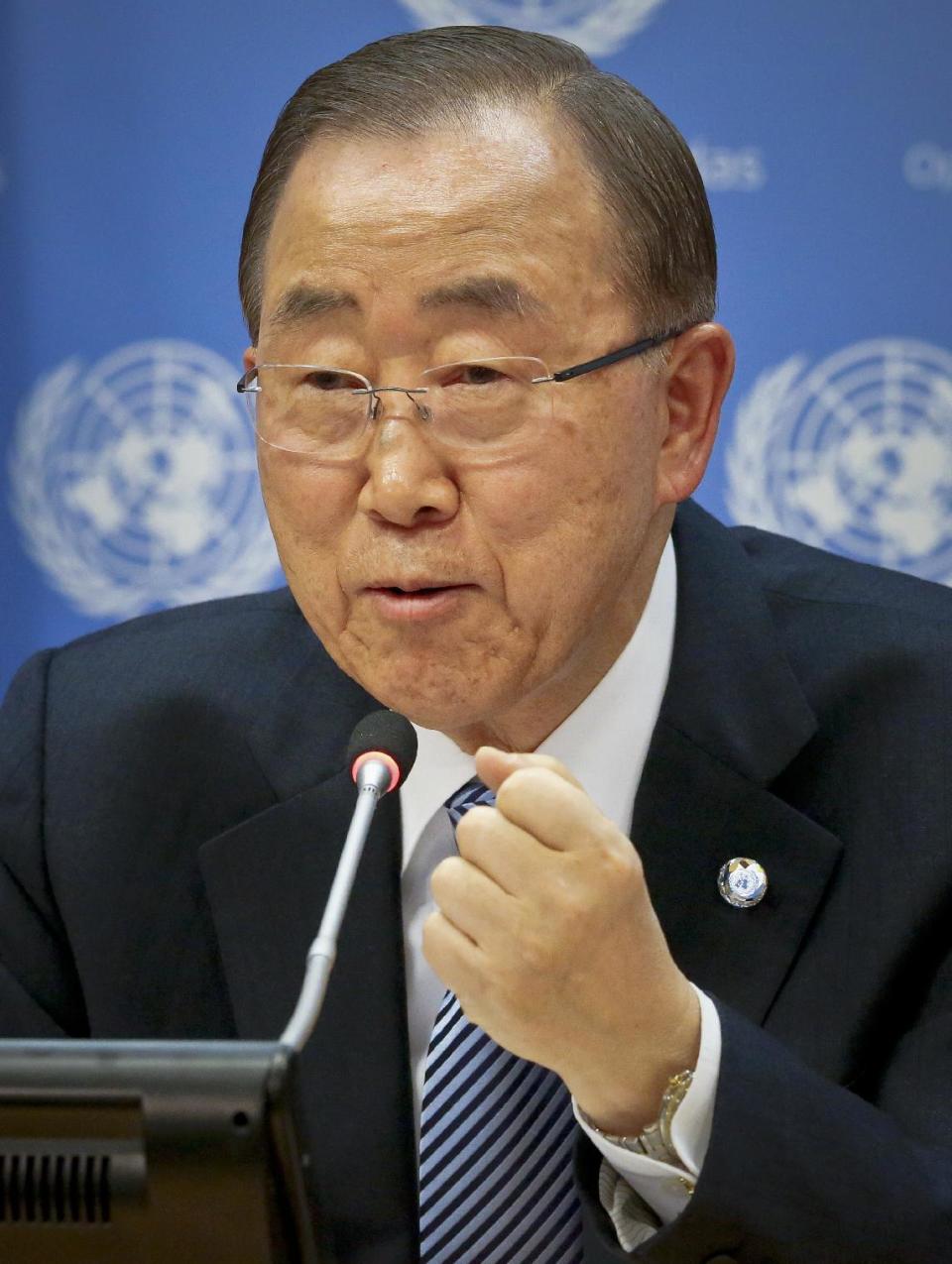 FILE - In this Friday, Dec. 16, 2016, file photo, United Nations Secretary-General Ban Ki-moon speaks during his final press conference at the U.N. headquarters. North Korea on Friday, Dec. 23, mocked the outgoing UN secretary-general over his apparent ambitions to run for South Korean president, calling him an opportunistic "chameleon in a human mask" who's dreaming a "hollow dream." (AP Photo/Bebeto Matthews, File)