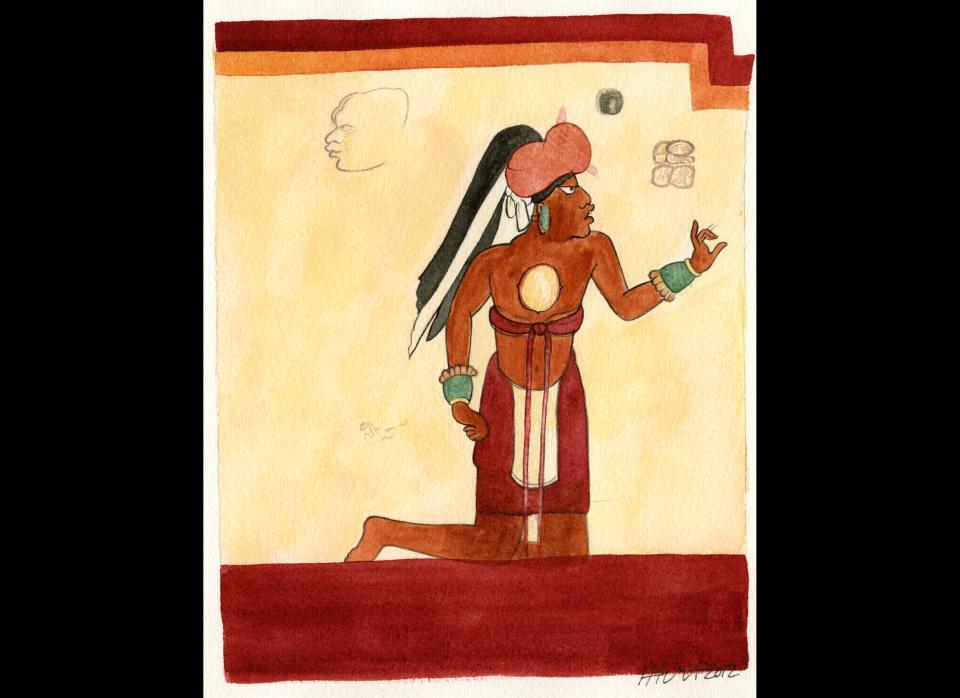 A vibrant orange figure, kneeling in front of the king on the ruined house's north wall, is labeled "Younger Brother Obsidian," a curious title seldom seen in Maya text. The man is holding a writing instrument, which may indicate he was a scribe. The painting recreates the design and colors of the figure in the original Maya mural.  Excavation and preservation of the site were supported by the National Geographic Society.      Painting by Heather Hurst