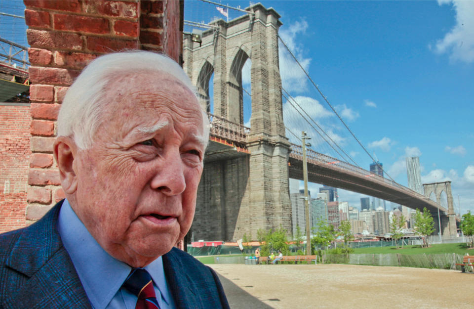 In this May 10, 2012 photo, author David McCullough, two-time Pulitzer Prize winner for books "Truman" and "John Adams," walks around the Brooklyn Bridge while being interviewed in New York. McCullough is celebrating the 40th anniversary of his book "The Great Bridge," which has just been reissued with a new introduction by the 78-year-old writer. (AP Photo/Bebeto Matthews)