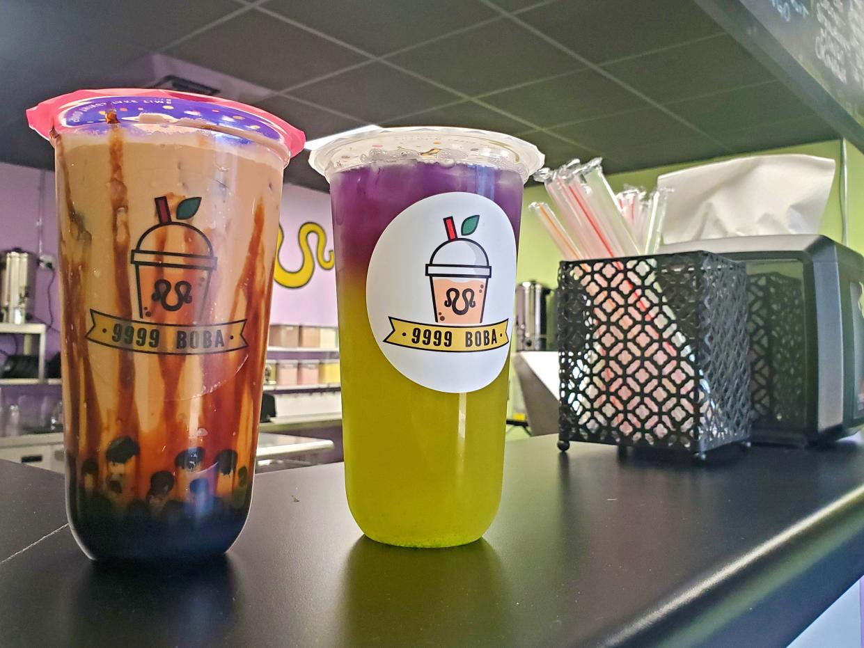 Tiger milk tea (left) and kii passion drinks are menu items at 9999 Boba. The new bubble tea shop official opened in eastern Sioux Falls Friday, July 1.