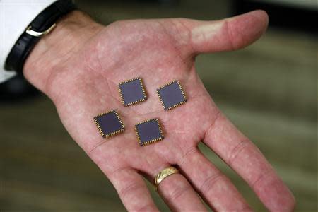 Craig Healy, the U.S. government's chief law enforcement officer for counter-proliferation, holds seized radiation hardened integrated circuits in his office at the Export Enforcement Coordination Center, a joint Homeland Security/FBI/Commerce operation in Northern Virginia November 21, 2013. REUTERS/Kevin Lamarque