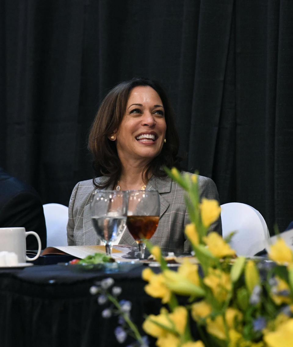 Democratic presidential candidate Kamala Harris smiles before giving a keynote address at a banquet for the NAACP, Saturday, June 8, 2019 in West Columbia, S.C. (AP Photo/Meg Kinnard)