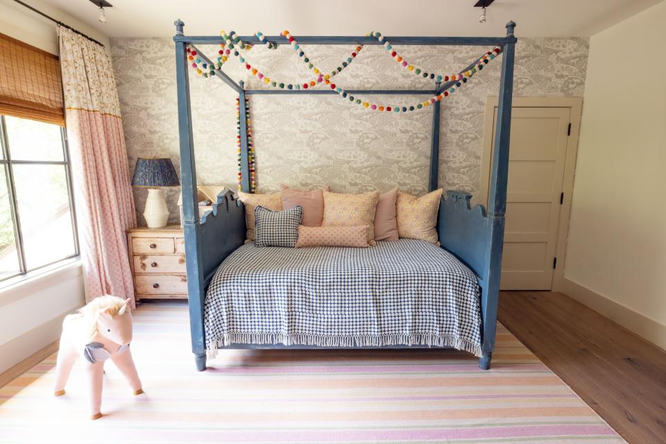 Odette’s bed is from Mulligan’s; the bedding is from Les Indiennes, Muriel Brandolini, and Lost & Found L.A. The curtains are also by Muriel Brandolini.