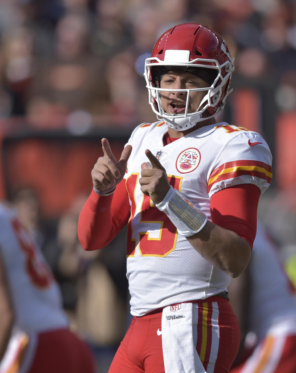 Kansas City Chiefs quarterback Patrick Mahomes calls a play during the first half of an NFL football game against the Cleveland Browns, Sunday, Nov. 4, 2018, in Cleveland. (AP Photo/David Richard)
