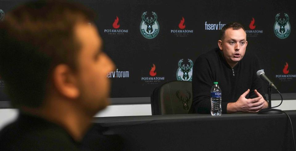 Bucks general manager Jon Horst speaks Wednesday during a news conference regarding the decision to fire first-year head coach Adrian Griffin a day earlier.