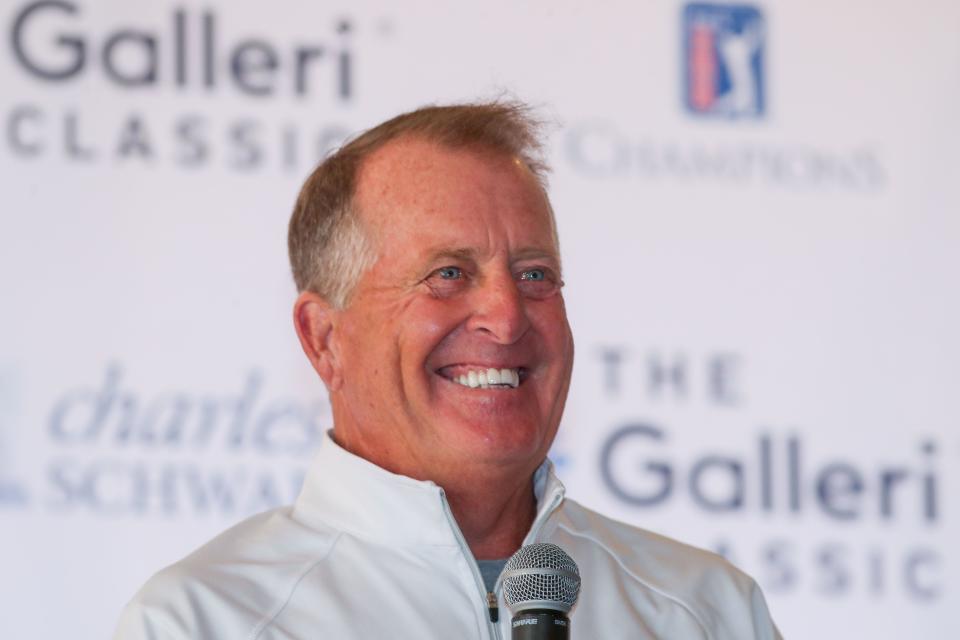 Fred Funk of the PGA Tour Champions speaks during the Galleri Classic media day at Mission Hills Country Club in Rancho Mirage, Calif., Feb. 28, 2023.