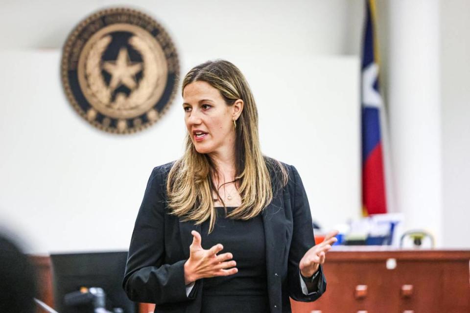 Assistant Criminal District Attorney Samantha Fant gives her opening statement to the jury during the trial of Fayaka Dunbar in the 371st District Court at Tim Curry Criminal Justice Center in Fort Worth on Tuesday, Sept. 12, 2023. Dunbar is accused of capital murder after allegedly shooting two people with one dying at the scene and another surviving until July 2, 2022.