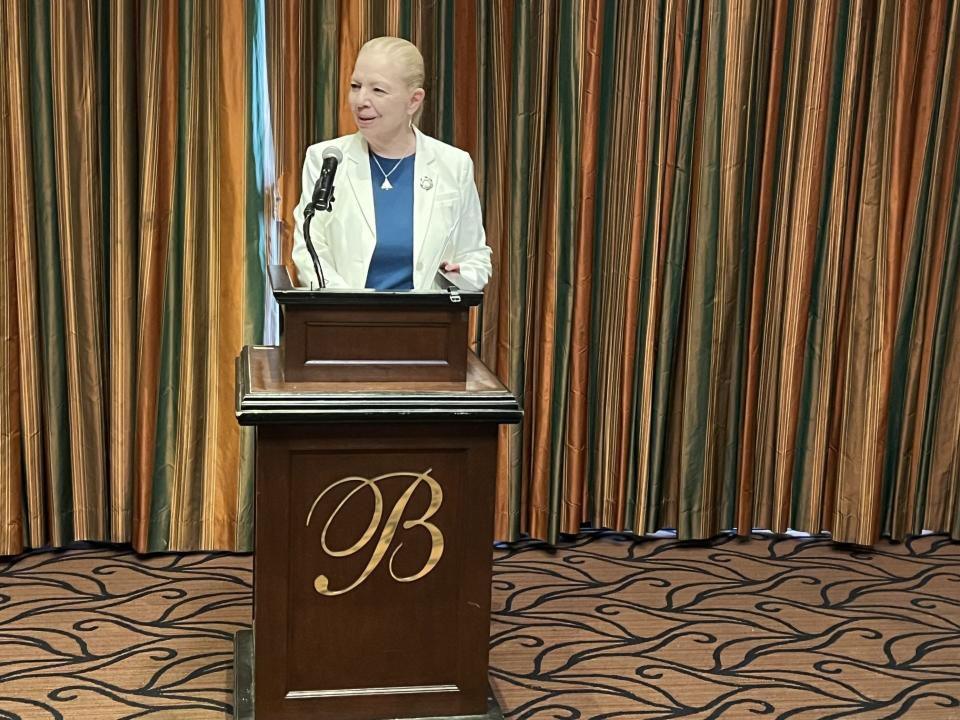 Aurora Mayor Ann Womer Benjamin delivers the State of the City address Wednesday, Feb. 21, 2024, at the Bertram Inn and Conference Center in Aurora.