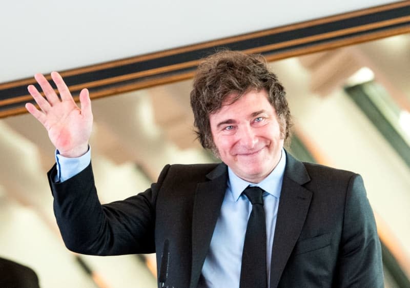 Argentinian President Javier Milei speaks on the occasion of his award of the Hayek Medal of the Friedrich August v. Hayek Society. Daniel Bockwoldt/dpa