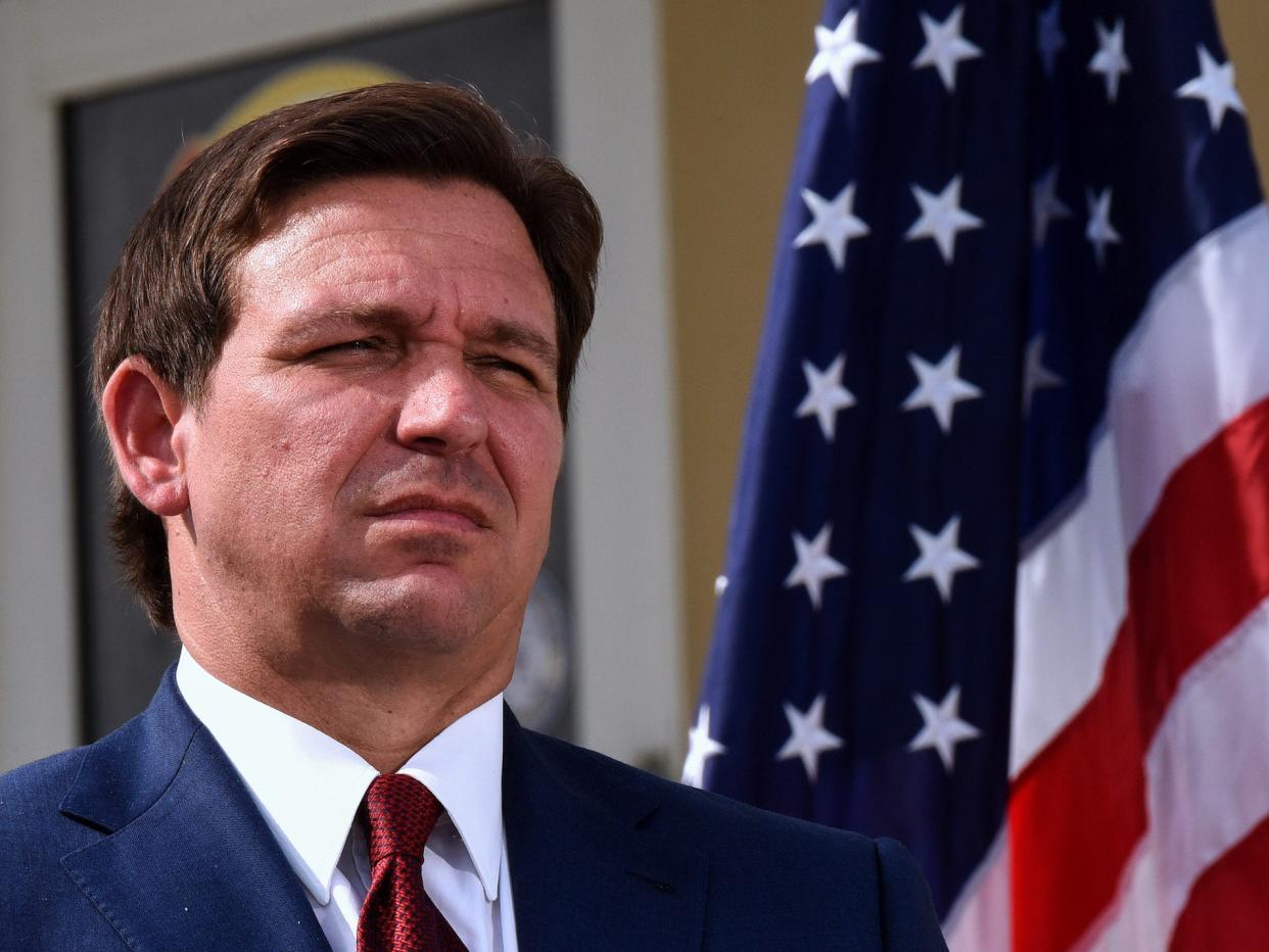 Florida Gov. Ron DeSantis seen during a press conference to announce the award of $100 million for beach recovery following Hurricanes Ian and Nicole in Daytona Beach Shores in Florida.