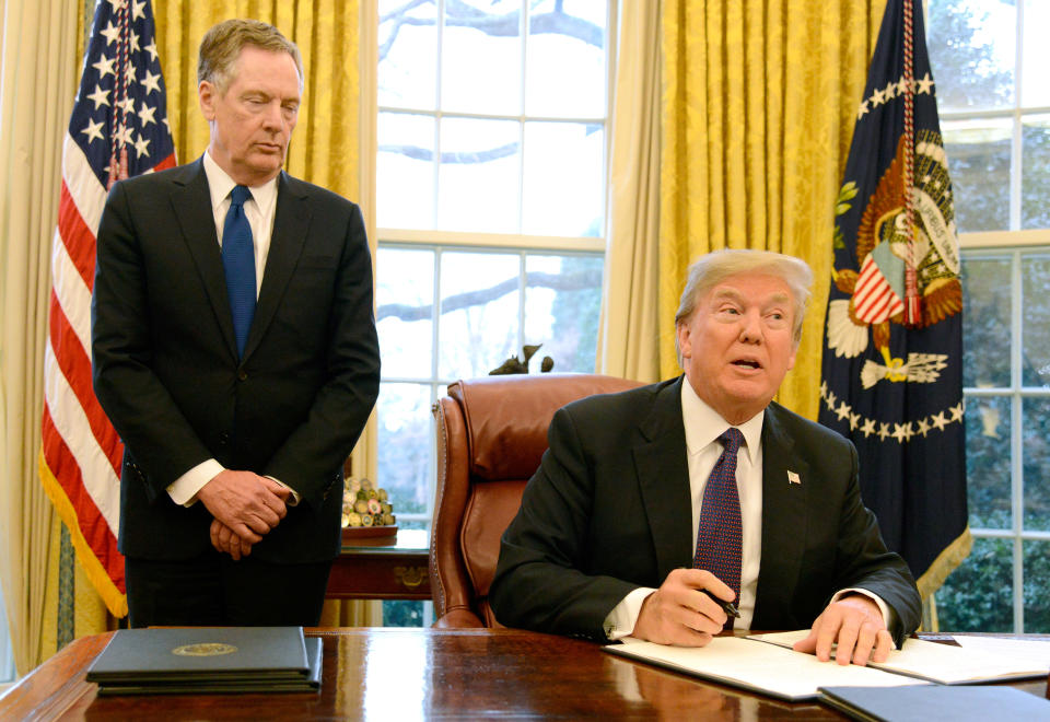 US trade envoy Robert Lighthizer with Donald Trump in the Oval Office (Getty)