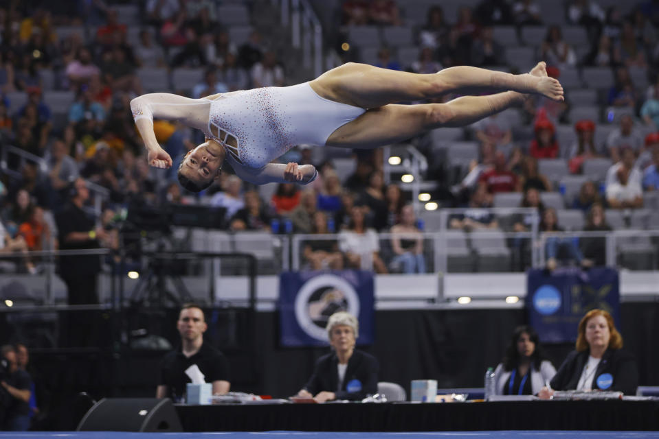 Florida's Megan Skaggs competes in the floor exercise during the NCAA college women's gymnastics championships, Saturday, April 16, 2022, in Fort Worth, Texas. (AP Photo/Gareth Patterson)