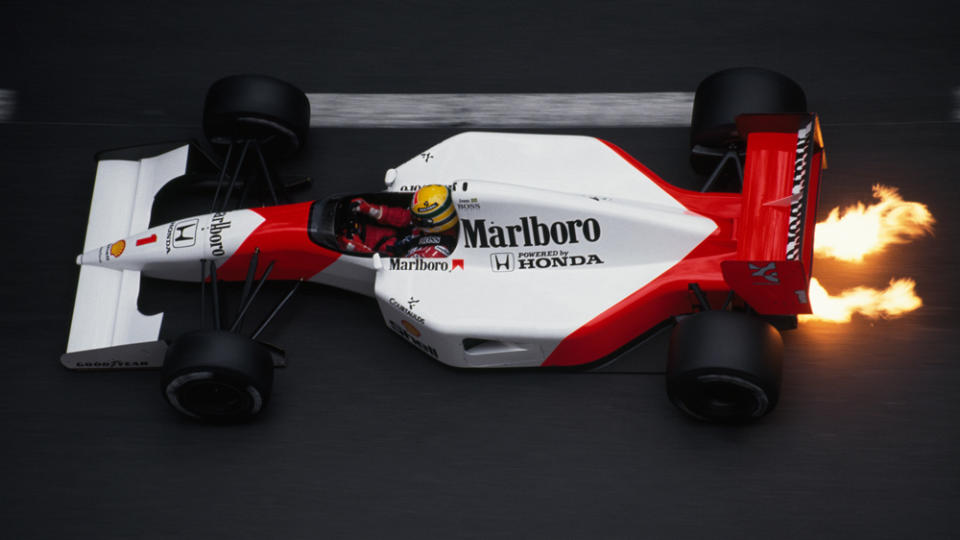 Ayrton Senna competing in the 1991 Monaco Grand Prix with his McLaren MP4/6 race car.