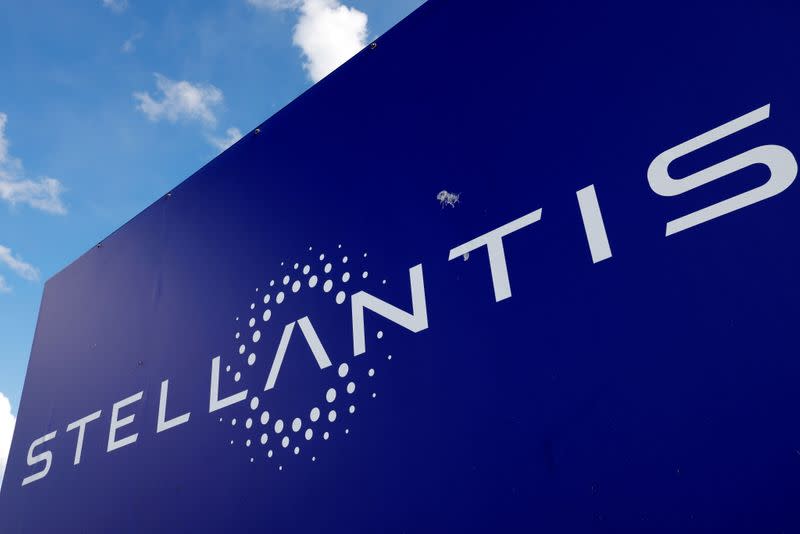 FILE PHOTO: The logo of Stellantis at the entrance of the company's factory in Hordain