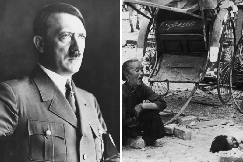 Nazi Germany's dictator Adolf Hitler and a woman crying over a dead child after a Japanese air raid at Jinrikisha Station in Tanjong Pagar on 3 February 1942. (PHOTOS: Getty Images)  