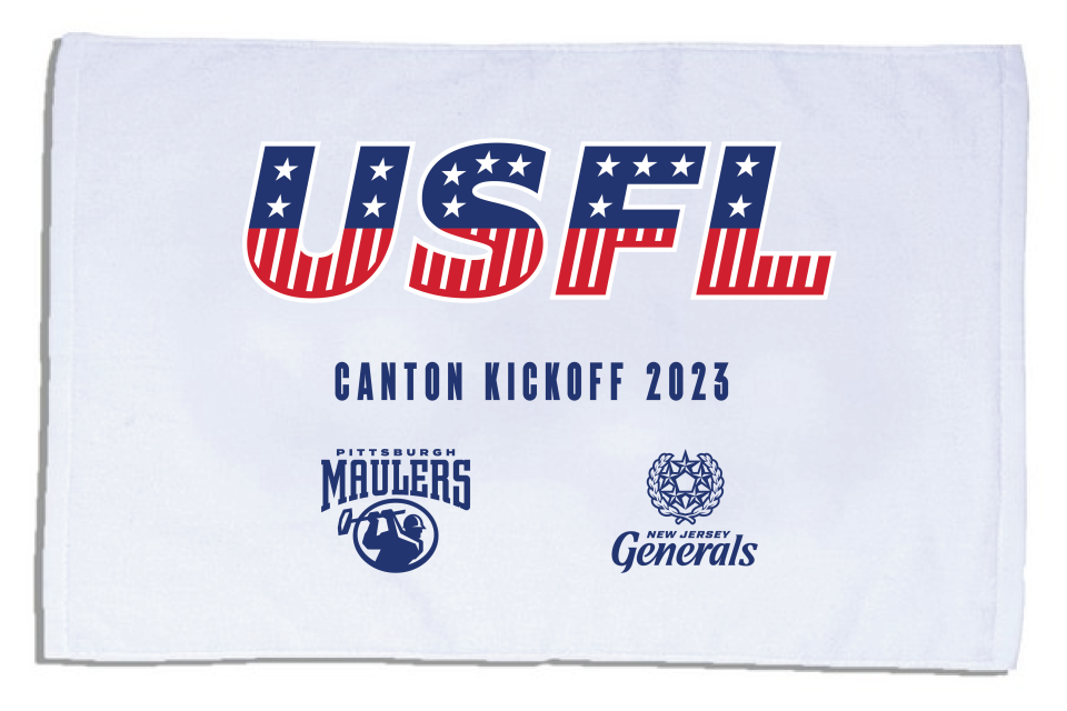 A rally towel is among the promotions and giveaways during regular season USFL games being played this spring at Tom Benson Hall of Fame Stadium in Canton. The towel will given out to those attending the April 23 game between the Pittsburgh Maulers and New Jersey Generals.