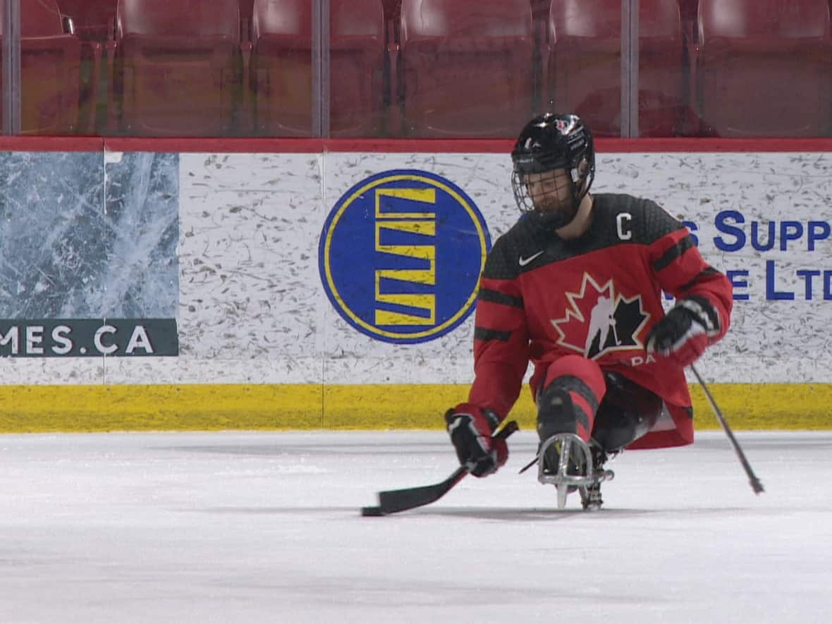 Team Canada captain Tyler McGregor takes the ice at the Moose Jaw Events Centre, which will host the 2023 world para ice hockey championship May 28 to June 4.  (Matt Howard/CBC  - image credit)