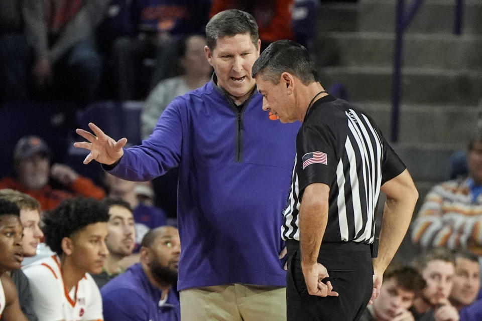 Clemson head coach Brad Brownell speaks to an official during the first half of an NCAA college basketball game against Boston College, Saturday, Jan. 13, 2024, in Clemson, S.C. (AP Photo/Mike Stewart)