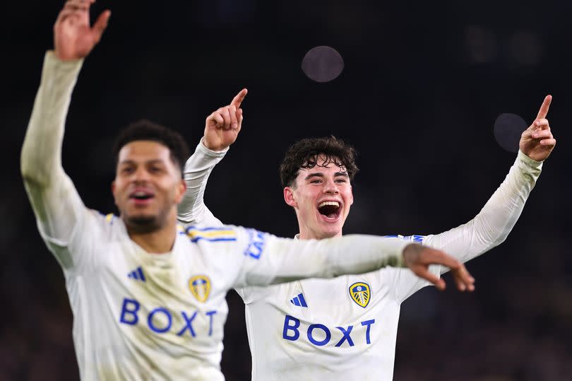 Archie Gray and Georginio Rutter of Leeds United celebrate