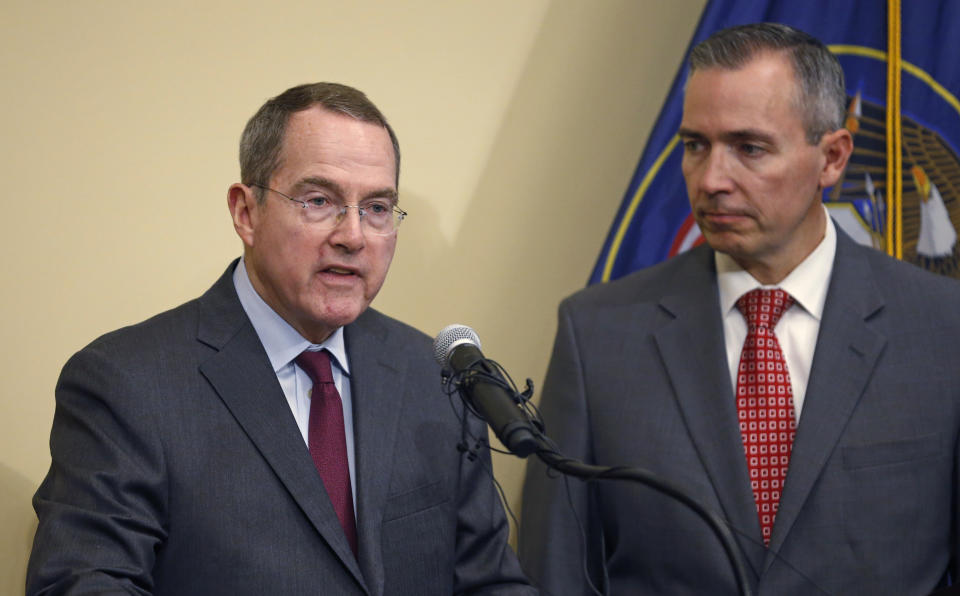 Sen. Dan McCay, R - Riverton, right, looks on as Bob Steiner, left, Co-CEO of Alsco Inc., speaks during a news conference Thursday, Jan. 24, 2019, in Salt Lake City. Alsco, a Utah company is donating $100,000 to keep three national parks open as the federal government shutdown drags on, a gift that state officials say is unique in the country. Salt Lake City-based uniform and linen rental company Alsco said Thursday, Jan, 24, 2019, the money will fund operations at Zion, Bryce and Arches national parks. It will pay for basic custodial and visitor center services at least through Feb 18, as the parks' busy season begins.(AP Photo/Rick Bowmer)