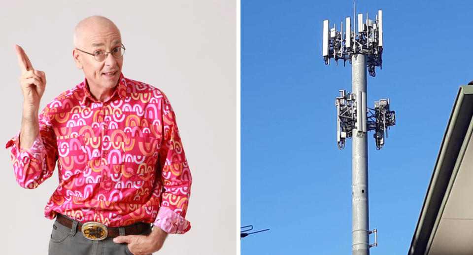 Dr Karl pictured on the left with an Australian telecommunications tower with antennas and mobile receivers pictured on the right.  