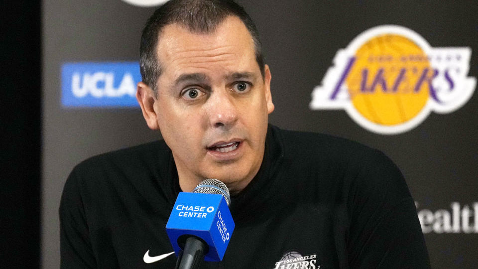 Pictured here, former Lakers head coach Frank Vogel speaking at an NBA press conference.