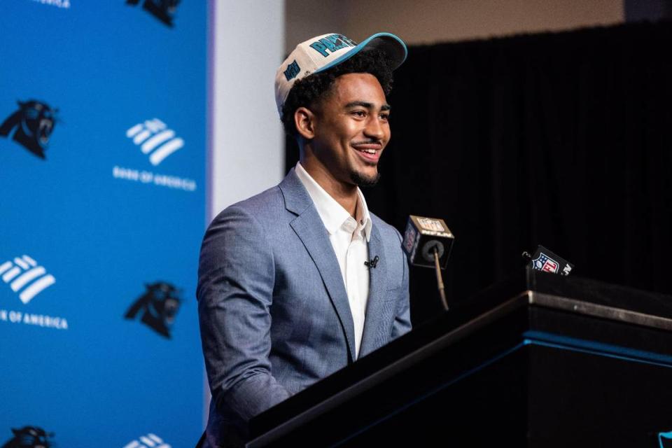 Carolina Panthers Bryce Young speaks during a press conference at the Bank of America Stadium in Charlotte, N.C., on Friday, April 28, 2023.