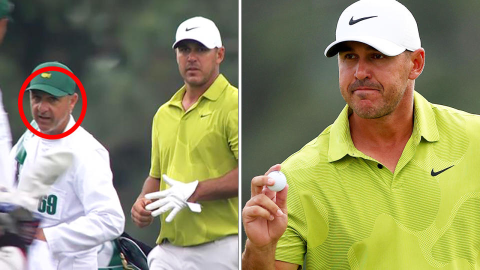 Brooks Koepka and his caddie are seen left, with Koepka holding up his ball on the right.