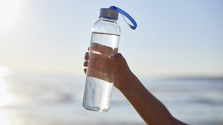 Hand holding a glass water bottle