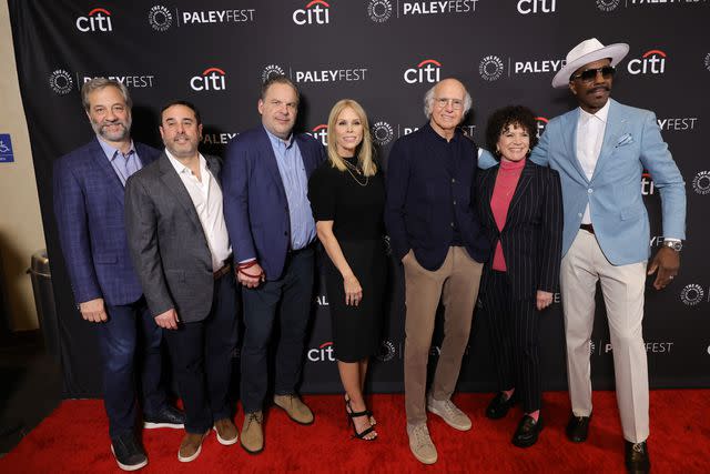 <p>Kevin Winter/Getty </p> The cast of 'Curb Your Enthusiasm' with panel moderator Judd Apatow (far left) at PaleyFest LA on April 18, 2024