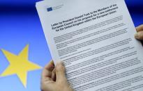 A letter sent by European Council President Donald Tusk to European Union (EU) leaders after it was released to the media, is seen in Brussels, Belgium February 2, 2016. Proposals to protect Britain and other non-euro zone countries from deeper euro zone integration do not grant London the right of veto over decisions, Tusk told EU leaders in a letter on Tuesday. REUTERS/Francois Lenoir TPX IMAGES OF THE DAY