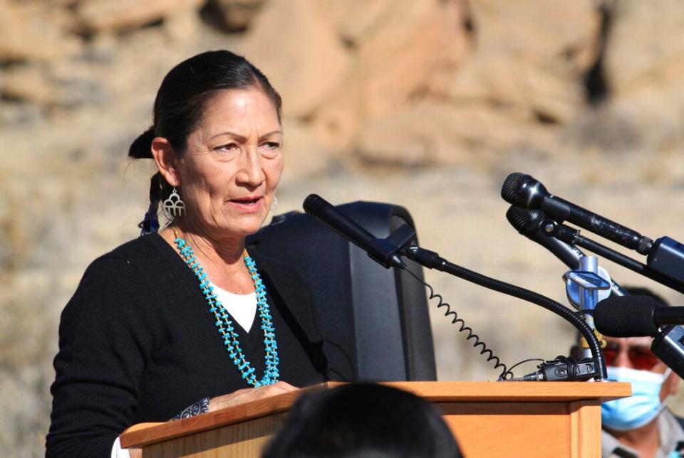 U.S. Interior Secretary Deb Haaland addresses a crowd during a celebration at Chaco Culture National Historical Park in northwestern New Mexico on Monday, Nov. 22, 2021.