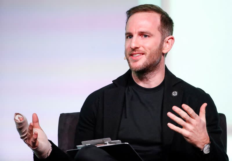 FILE PHOTO: Joe Gebbia co-founder of Airbnb speaks during the first Obama Foundation Summit in Chicago