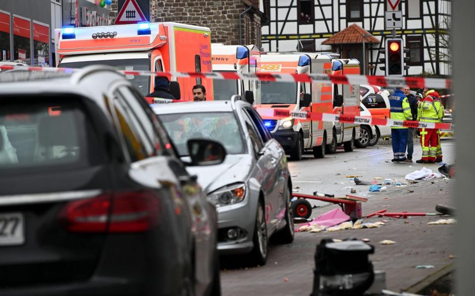 Alamy Live News. 2B1A6MP Volkmarsen, Germany. 24th Feb, 2020. The scene of the accident in Volkmarsen with the car that is said to have crashed into a carnival parade. According to initial reports, several people have been injured, according to the police. The driver had been arrested and the police were on the scene with a large contingent. Credit: Uwe Zucchi/dpa/Alamy Live News This is an Alamy Live News image and may not be part of your current Alamy deal . If you are unsure, please contact our sales team to check. - dpa picture alliance / Alamy Live News