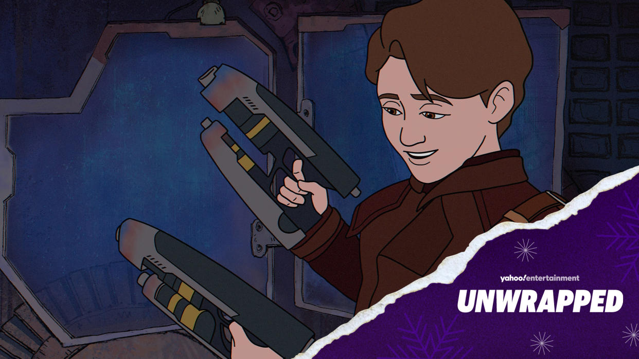 Peter Quill acquires his signature blasters as a Christmas present in the animated segments of The Guardians of the Galaxy Holiday Special. (Photo: Marvel Studios/Stoopid Buddy Stoodios)