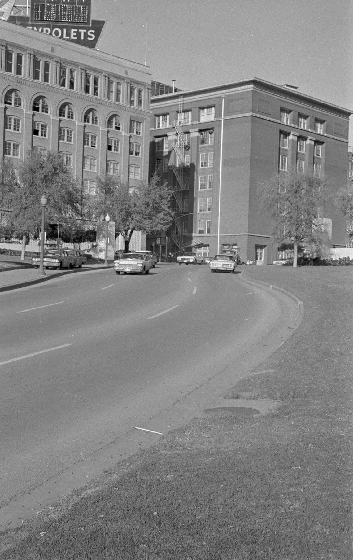 Nov. 22, 1963: Looking toward Texas Book Depository building, Dealey Plaza, during President John F. Kennedy assassination.